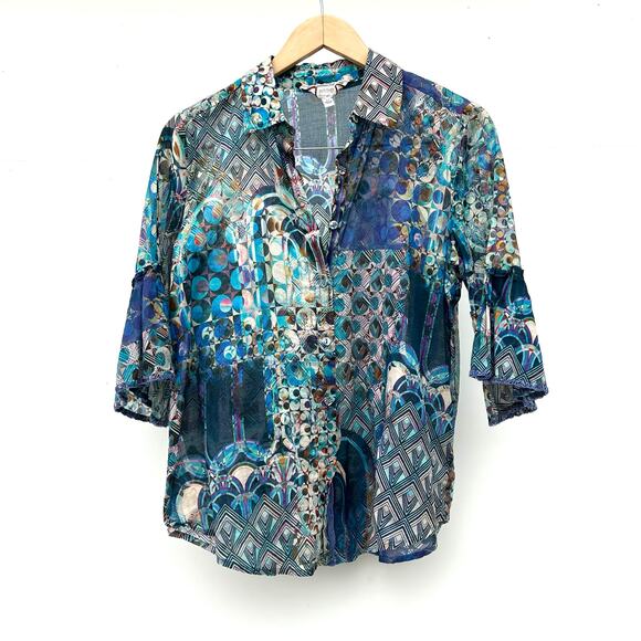 Johnny Was Workshop Klodi Ruffle Sleeve Blue Pattern Top Lightweight Blouse XS - Picture 3 of 10